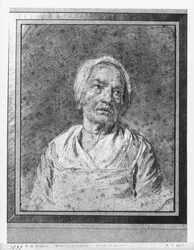 Buste van een oude vrouw met hoofd omhoog